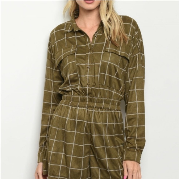 Le Lis Olive Green Checkered Long Sleeve Romper S - Picture 3 of 7